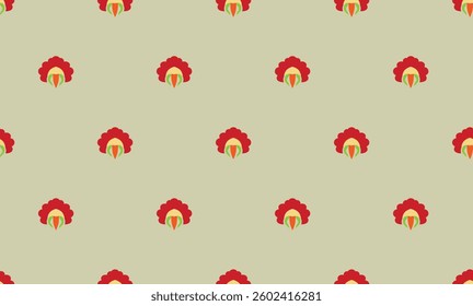 Seamless pattern of stylized floral or abstract shapes in red, cream, and green on a beige background, for textile, wallpaper, gift wrapping.