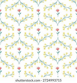 Padrão contínuo com elementos florais estilizados. Padrão ornamentado de flores de primavera e verão desenhadas à mão em um estilo retrô. Design de superfície de impressão botânica para tecido e embalagem.