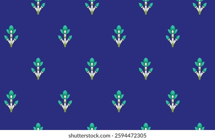 A seamless pattern of stylized floral or leaf motifs on a blue background, ideal for wallpaper, textile, gift wrapping.