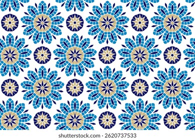 Seamless pattern of stylized floral mosaic designs  on a white background.