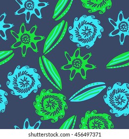 Seamless    pattern of  stylized floral motif, doodles, leaves, spot, hole,  spirals, object. Hand drawn.