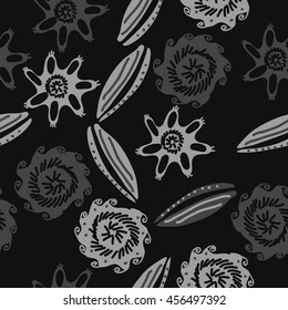 Seamless    pattern of  stylized floral motif, doodles, leaves, spot, hole,  spirals, object. Hand drawn.