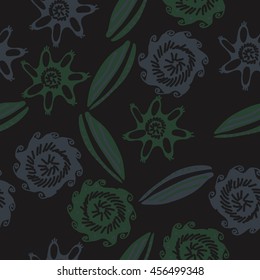 Seamless    pattern of  stylized floral motif, doodles, leaves, spot, hole,  spirals, object. Hand drawn.