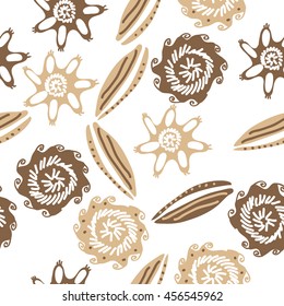 Seamless    pattern of  stylized floral motif, doodles, leaves, spot, hole,  spirals, object. Hand drawn.
