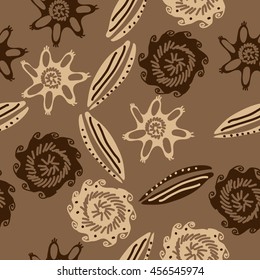 Seamless    pattern of  stylized floral motif, doodles, leaves, spot, hole,  spirals, object. Hand drawn.