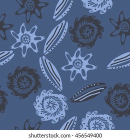 Seamless    pattern of  stylized floral motif, doodles, leaves, spot, hole,  spirals, object. Hand drawn.
