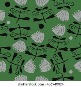 Seamless     pattern of  stylized floral motif, doodles, leaves, spot, hole,  spirals, flowers. Hand drawn.