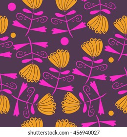 Seamless     pattern of  stylized floral motif, doodles, leaves, spot, hole,  spirals, flowers. Hand drawn.