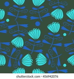 Seamless     pattern of  stylized floral motif, doodles, leaves, spot, hole,  spirals, flowers. Hand drawn.