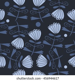 Seamless     pattern of  stylized floral motif, doodles, leaves, spot, hole,  spirals, flowers. Hand drawn.