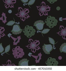 Seamless     pattern of  stylized floral motif, doodles,  spot, hole, flowers,stars,spirals, ellipses, branches . Hand drawn.