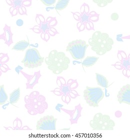 Seamless     pattern of  stylized floral motif, doodles,  spot, hole, flowers,stars,spirals, ellipses, branches . Hand drawn.
