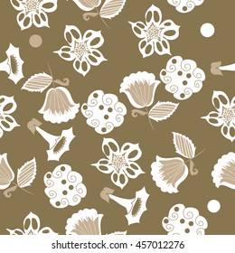 Seamless     pattern of  stylized floral motif, doodles,  spot, hole, flowers,stars,spirals, ellipses, branches . Hand drawn.