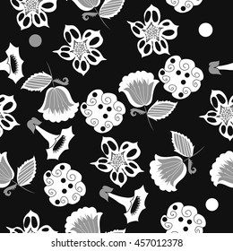 Seamless     pattern of  stylized floral motif, doodles,  spot, hole, flowers,stars,spirals, ellipses, branches . Hand drawn.