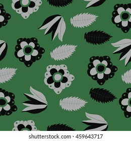 Seamless   pattern of  stylized floral motif, doodles,  flowers, spot,hole, leaves, ellipses . Hand drawn.
