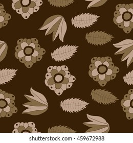 Seamless   pattern of  stylized floral motif, doodles,  flowers, spot,hole, leaves, ellipses . Hand drawn.