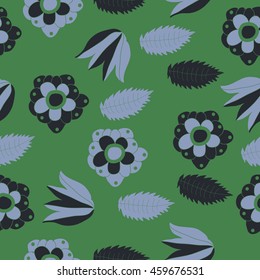 Seamless   pattern of  stylized floral motif, doodles,  flowers, spot,hole, leaves, ellipses . Hand drawn.