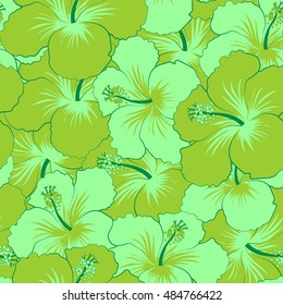 Seamless pattern of stylized floral motif, flowers, hole, spots, doodles. Vector hibiscus flowers in green colors. Hand drawn. Seamless floral background.