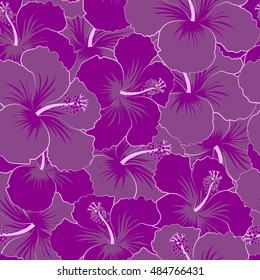 Seamless pattern of stylized floral motif, flowers, hole, spots, doodles. Vector hibiscus flowers in violet colors. Hand drawn. Seamless floral background.