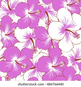 Seamless pattern of stylized floral motif, flowers, hole, spots, doodles. Vector hibiscus flowers in white and violet colors. Hand drawn. Seamless floral background.