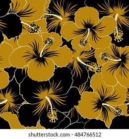 Seamless pattern of stylized floral motif, flowers, hole, spots, doodles. Vector hibiscus flowers in black and brown colors. Hand drawn. Seamless floral background.