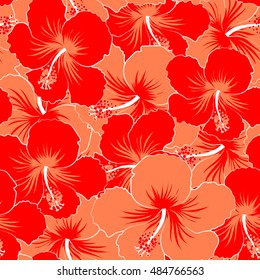 Seamless pattern of stylized floral motif, flowers, hole, spots, doodles. Vector hibiscus flowers in red colors. Hand drawn. Seamless floral background.