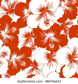 Seamless pattern of stylized floral motif, flowers, hole, spots, doodles. Vector hibiscus flowers in red and white colors. Hand drawn. Seamless floral background.