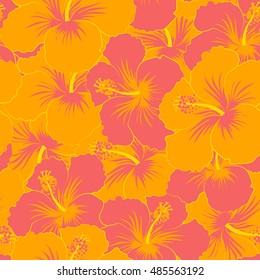 Seamless pattern of stylized floral motif, flowers, hole, spots, doodles. Vector hibiscus flowers in orange colors. Hand drawn. Seamless floral background.