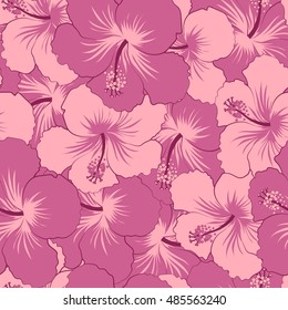 Seamless pattern of stylized floral motif, flowers, hole, spots, doodles. Vector hibiscus flowers in pink colors. Hand drawn. Seamless floral background.