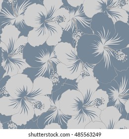 Seamless pattern of stylized floral motif, flowers, hole, spots, doodles. Vector hibiscus flowers in gray colors. Hand drawn. Seamless floral background.