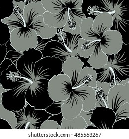 Seamless pattern of stylized floral motif, flowers, hole, spots, doodles. Vector hibiscus flowers in black and gray colors. Hand drawn. Seamless floral background.