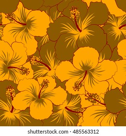 Seamless pattern of stylized floral motif, flowers, hole, spots, doodles. Vector hibiscus flowers in yellow colors. Hand drawn. Seamless floral background.