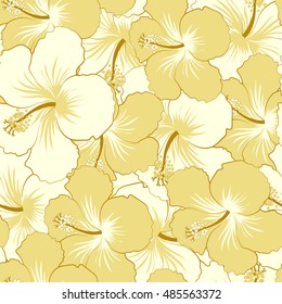 Seamless pattern of stylized floral motif, flowers, hole, spots, doodles. Vector hibiscus flowers in yellow and white colors. Hand drawn. Seamless floral background.
