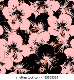 Seamless pattern of stylized floral motif, flowers, hole, spots, doodles. Vector hibiscus flowers in black and pink colors. Hand drawn. Seamless floral background.