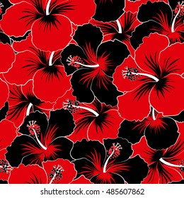 Seamless pattern of stylized floral motif, flowers, hole, spots, doodles. Vector hibiscus flowers in black and red colors. Hand drawn. Seamless floral background.