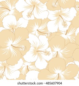 Seamless pattern of stylized floral motif, flowers, hole, spots, doodles. Vector hibiscus flowers in beige colors. Hand drawn. Seamless floral background.