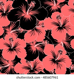 Seamless pattern of stylized floral motif, flowers, hole, spots, doodles. Vector hibiscus flowers in black and red colors. Hand drawn. Seamless floral background.