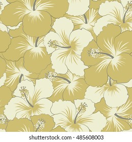 Seamless pattern of stylized floral motif, flowers, hole, spots, doodles. Vector hibiscus flowers in green colors. Hand drawn. Seamless floral background.
