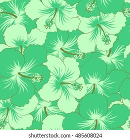 Seamless pattern of stylized floral motif, flowers, hole, spots, doodles. Vector hibiscus flowers in green colors. Hand drawn. Seamless floral background.