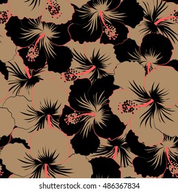 Seamless pattern of stylized floral motif, flowers, hole, spots, doodles. Vector hibiscus flowers in black and brown colors. Hand drawn. Seamless floral background.