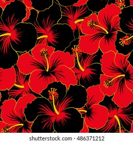 Seamless pattern of stylized floral motif, flowers, hole, spots, doodles. Vector hibiscus flowers in black and red colors. Hand drawn. Seamless floral background.