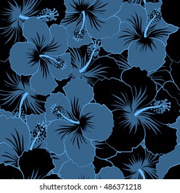 Seamless pattern of stylized floral motif, flowers, hole, spots, doodles. Vector hibiscus flowers in black and blue colors. Hand drawn. Seamless floral background.
