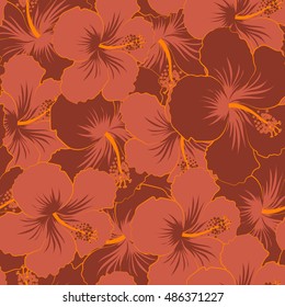 Seamless pattern of stylized floral motif, flowers, hole, spots, doodles. Vector hibiscus flowers in brown colors. Hand drawn. Seamless floral background.