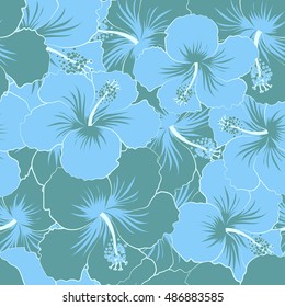 Seamless pattern of stylized floral motif, flowers, hole, spots, doodles. Vector hibiscus flowers in blue colors. Hand drawn. Seamless floral background.