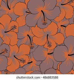 Seamless pattern of stylized floral motif, flowers, hole, spots, doodles. Vector hibiscus flowers in brown colors. Hand drawn. Seamless floral background.
