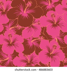 Seamless pattern of stylized floral motif, flowers, hole, spots, doodles. Vector hibiscus flowers in pink colors. Hand drawn. Seamless floral background.