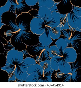 Seamless pattern of stylized floral motif, flowers, hole, spots, doodles. Vector hibiscus flowers in black and blue colors. Hand drawn. Seamless floral background.