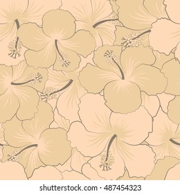 Seamless pattern of stylized floral motif, flowers, hole, spots, doodles. Vector hibiscus flowers in beige and pink colors. Hand drawn. Seamless floral background.