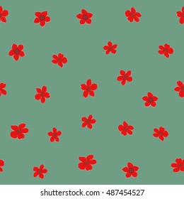 Seamless pattern of stylized floral motif, many small flowers, hole, spots in green and red colors. Hand drawn small flowers. Vector seamless floral background in green and red colors.