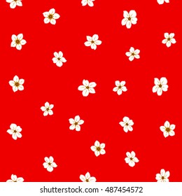 Seamless pattern of stylized floral motif, many small flowers, hole, spots in red and white colors. Hand drawn small flowers. Vector seamless floral background in red and white colors.